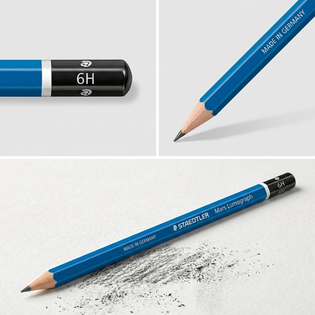 A grid showing one STAEDTLER Mars Lumograph 6H drawing pencil from two useful, detailed angles.