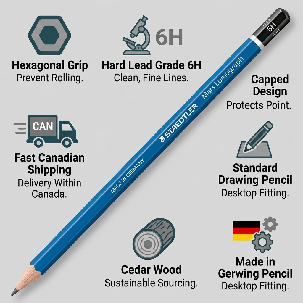 An alphanumeric visual matrix infographic featuring the STAEDTLER 100-6H-11 Lumograph 6H pencil with trust cues for materials, precision, handling, manufacturer, and fast Canadian shipping.