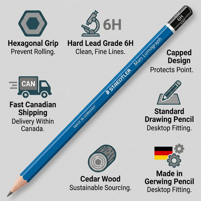 An alphanumeric visual matrix infographic featuring the STAEDTLER 100-6H-11 Lumograph 6H pencil with trust cues for materials, precision, handling, manufacturer, and fast Canadian shipping.