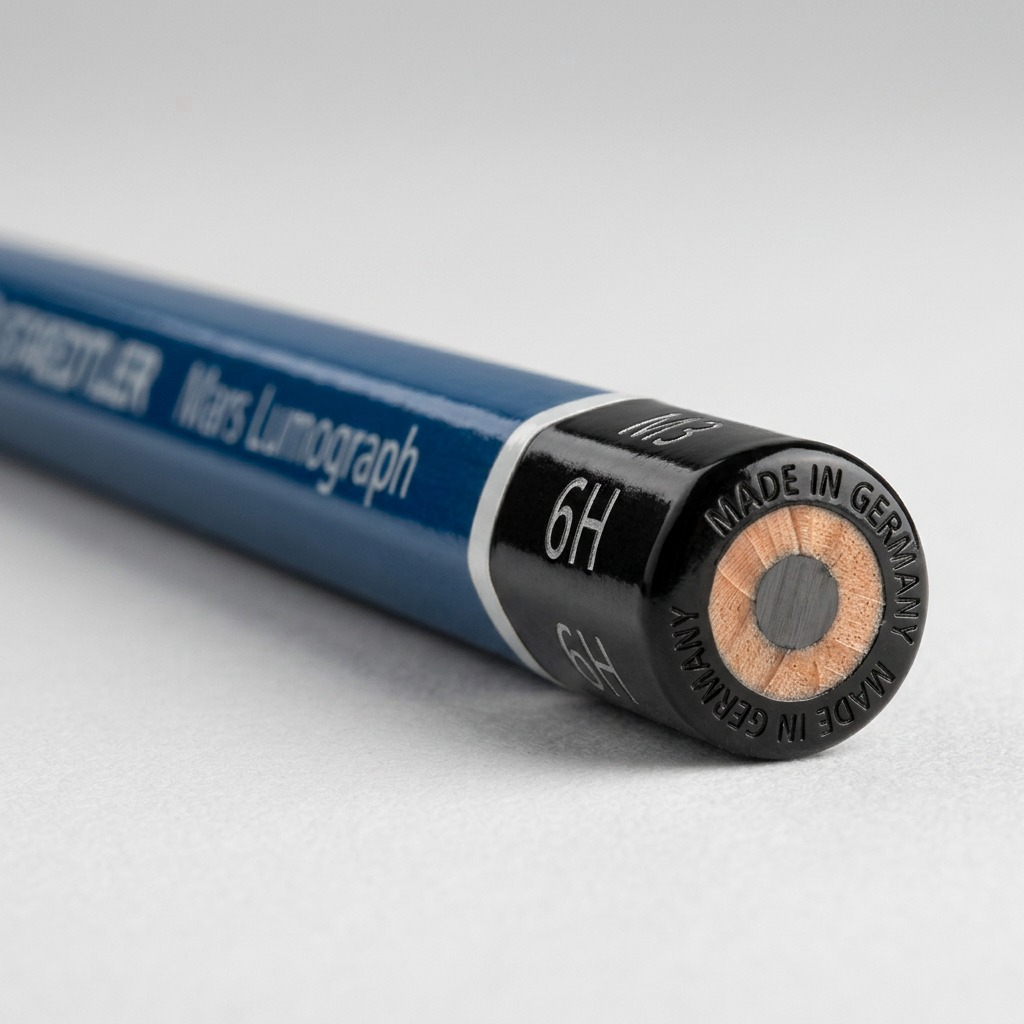 Close-up of STAEDTLER Mars Lumograph 6H end cap with "6H" and "MADE IN GERMANY" laser-engraved.