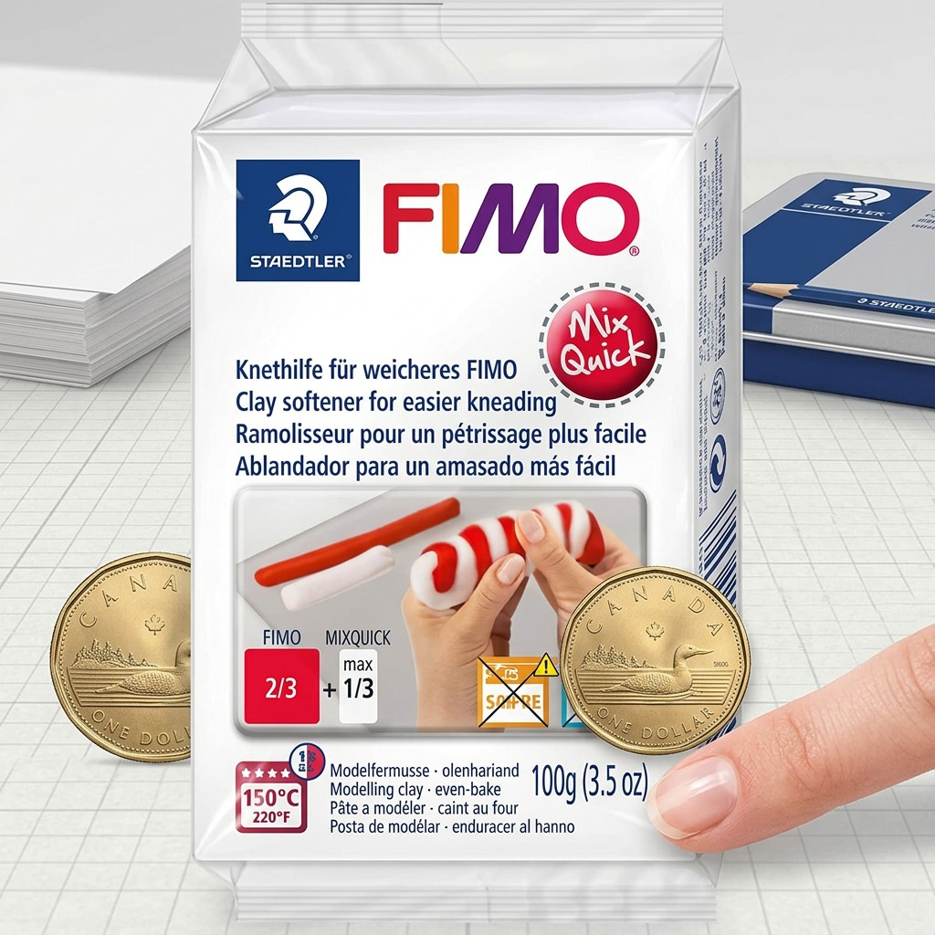 A photo-realistic image showing the Fimo Mix Quick (8026) product, identical to that in image_0.png in its clear wrapper, placed directly beside a standard, used Canadian loonie coin. Both items are on a neutral, subtly textured off-white artist's workbench surface. The standard size of the loonie serves as an immediate, clear scale reference to the 100g product package. Clean, desk-lamp style lighting with soft shadows. No text or logos on the image, pure product-led ecommerce style.