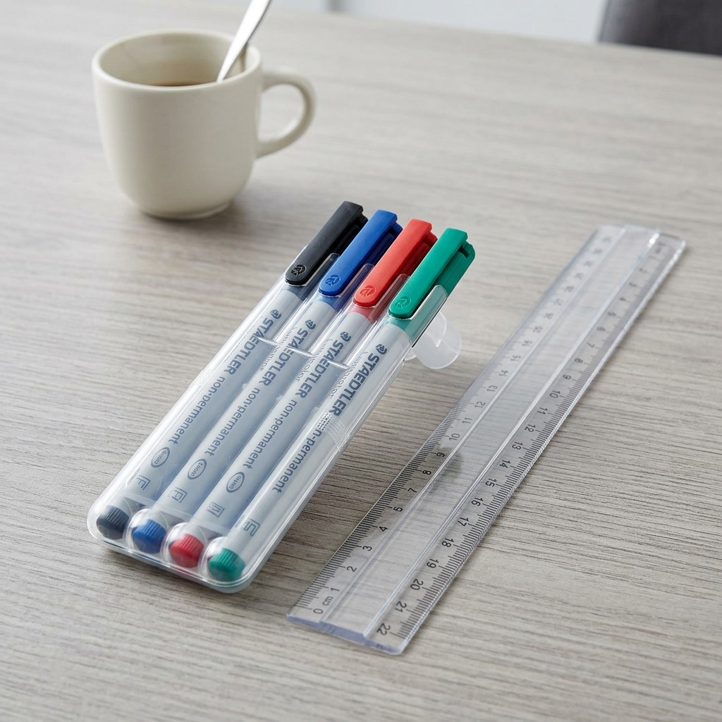 A photo of the STAEDTLER Lumocolor markers on a desk next to a standard plastic ruler, showing scale.
