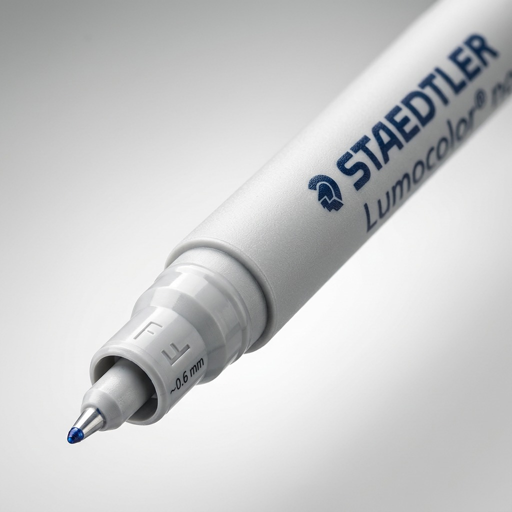 Macro shot of STAEDTLER Lumocolor non-permanent marker fine tip with 'F' and '0.6 mm'.
