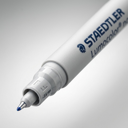 Macro shot of STAEDTLER Lumocolor non-permanent marker fine tip with 'F' and '0.6 mm'.