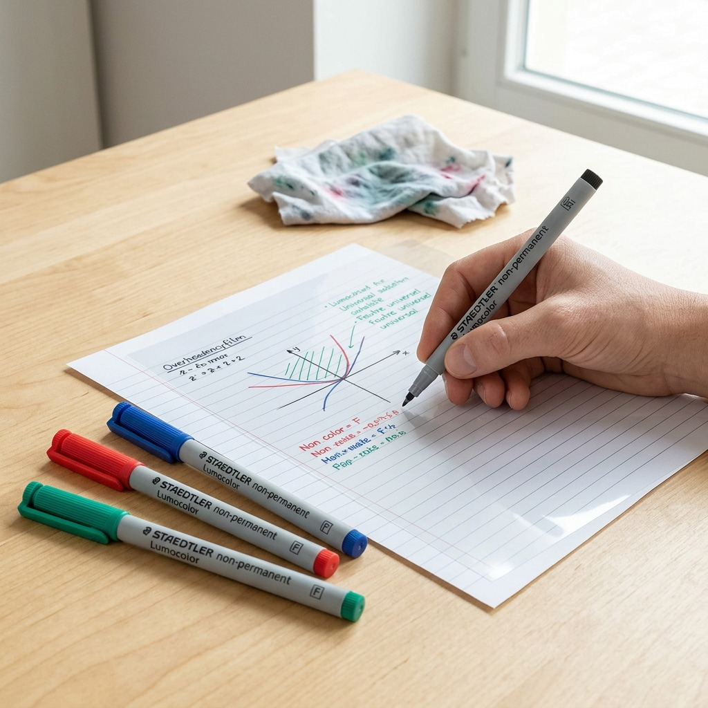 A close-up photograph of the red, blue, green, and black Lumocolor non-permanent fineliner markers from the 316-WP4 set being used to draw on an overhead transparency film.