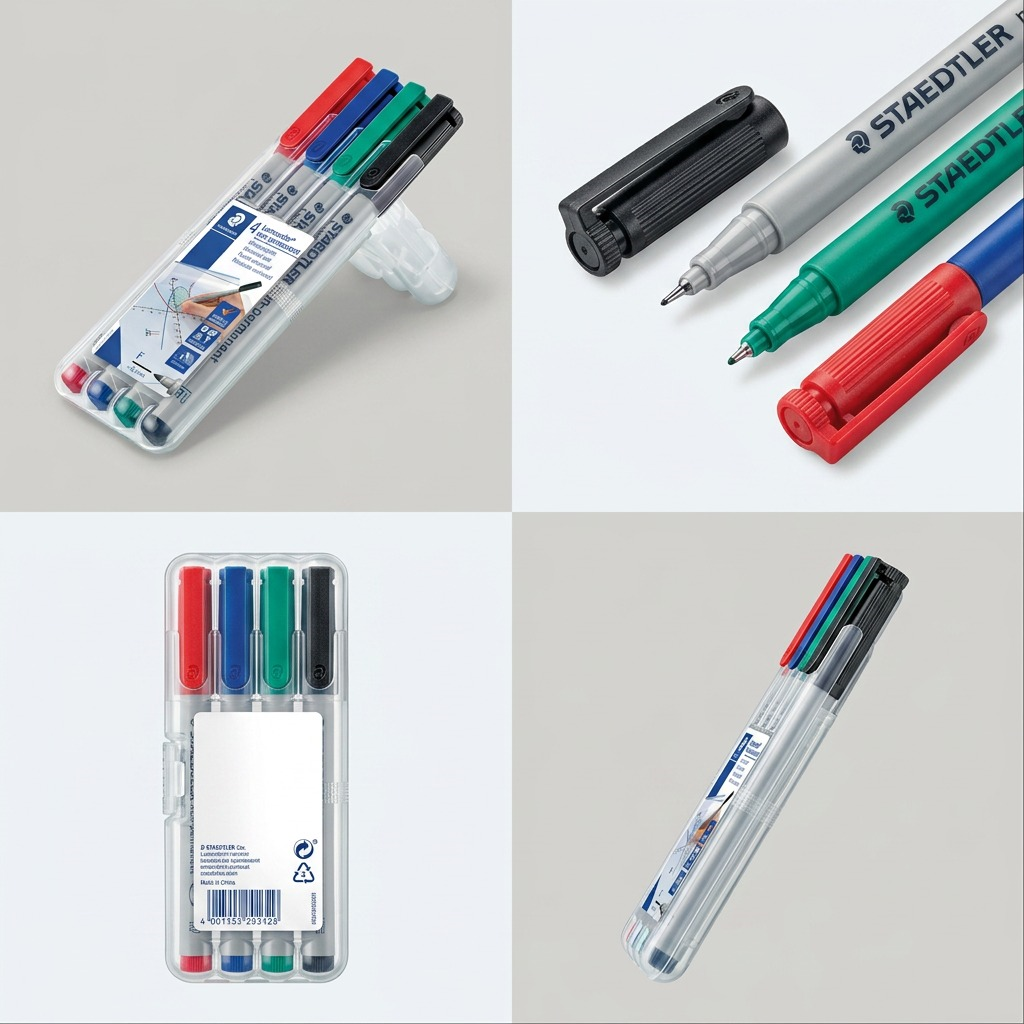 A PDP visual matrix detailing the STAEDTLER Lumocolor non-permanent fineliner set from multiple angles.