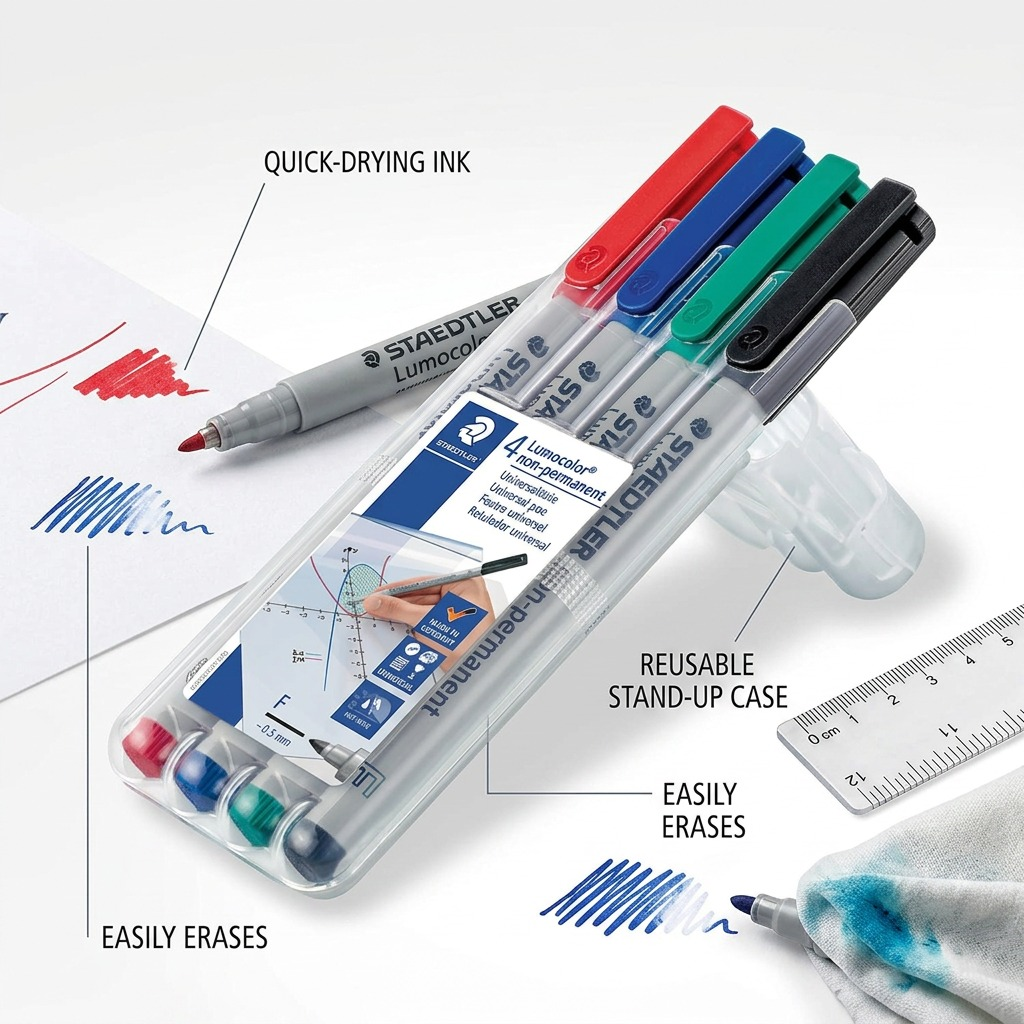 Operational feature graphic of the STAEDTLER Lumocolor non-permanent marker set, highlighting quick-drying ink, easy erase, and reusable storage.