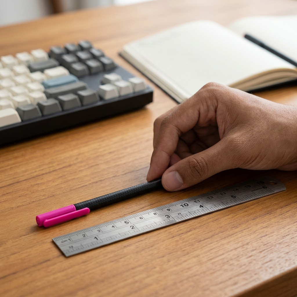 A life-size scale reference photo showing a magenta Staedtler 334 fineliner pen held by a person's hand on a desk.