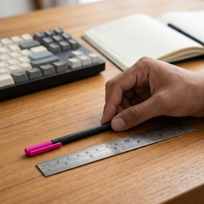 A life-size scale reference photo showing a magenta Staedtler 334 fineliner pen held by a person's hand on a desk.