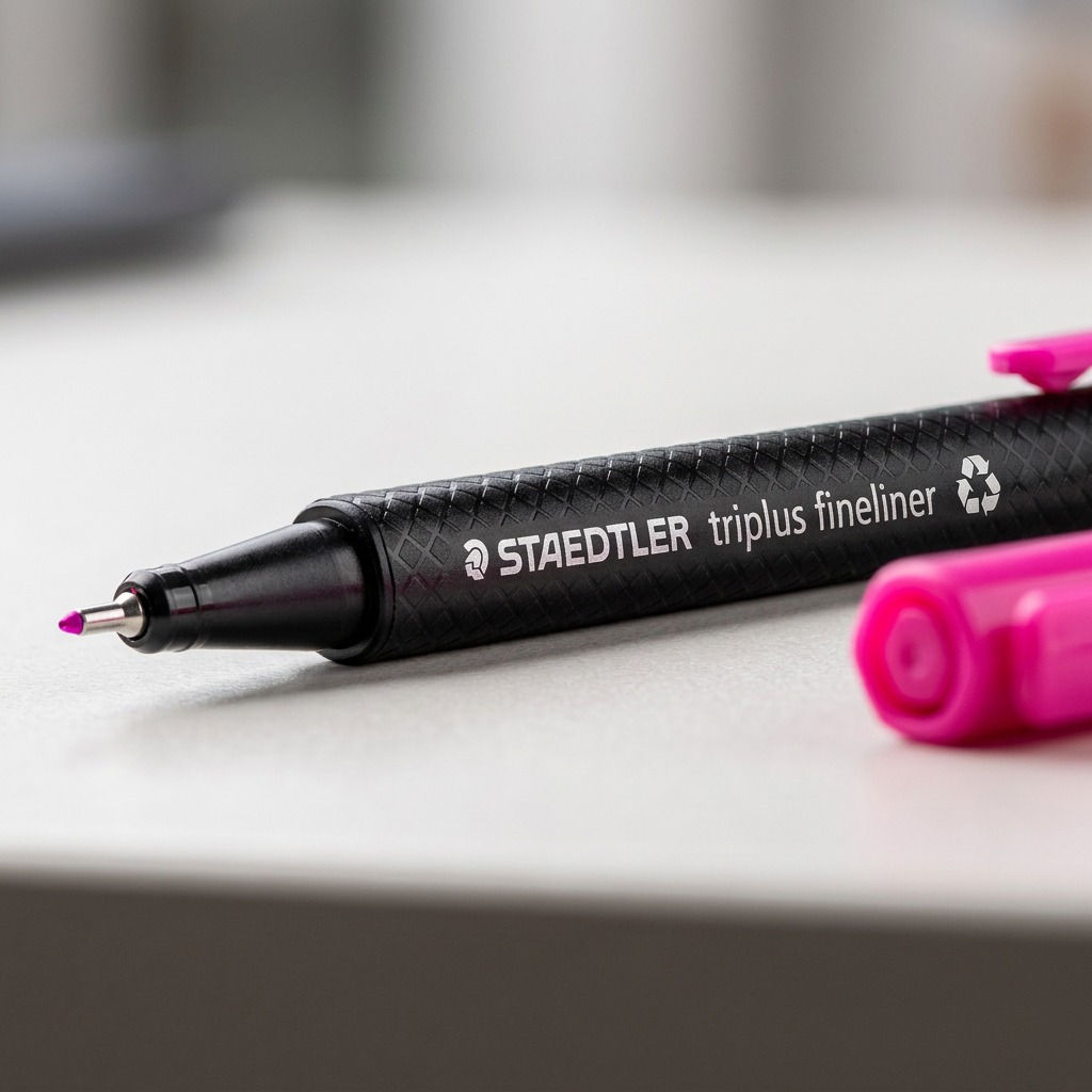 Macro photograph focusing on the textured barrel, STAEDTLER text, and bright magenta ink point of the pen from image_0.png.
