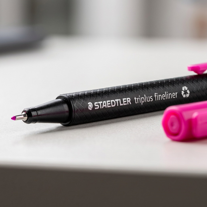 Macro photograph focusing on the textured barrel, STAEDTLER text, and bright magenta ink point of the pen from image_0.png.