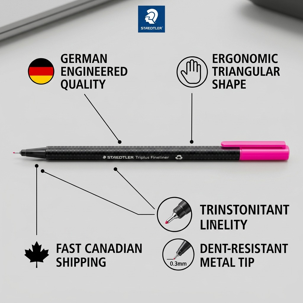 An infographic highlighting the quality, components, and local shipping of the Staedtler Triplus fineliner.
