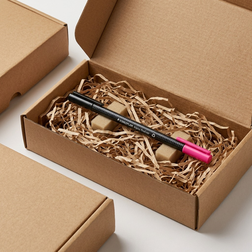 Unboxing shot of a STAEDTLER triplus fineliner, fresh from a protective cardboard parcel.