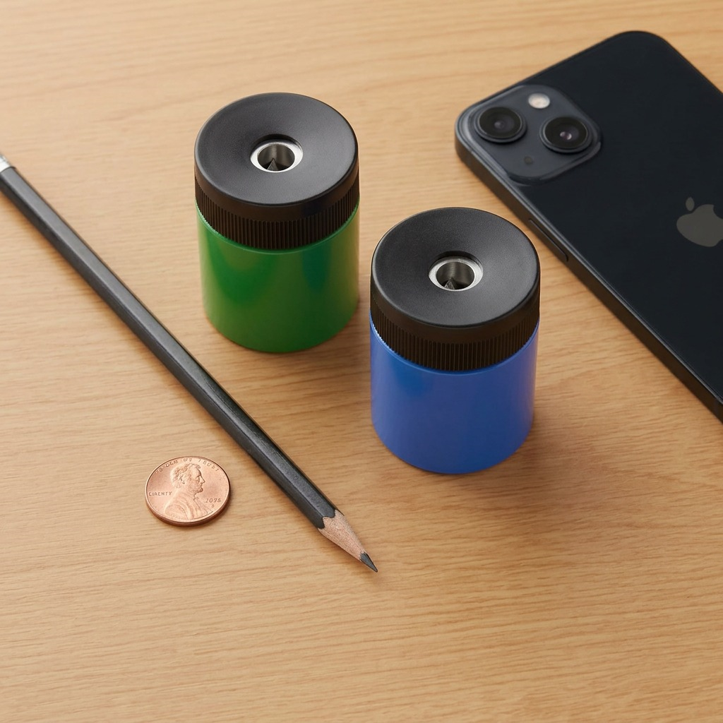 An upper-down shot of a green pencil sharpener and a blue pencil sharpener on a desk with a pencil, a penny, and an iPhone.