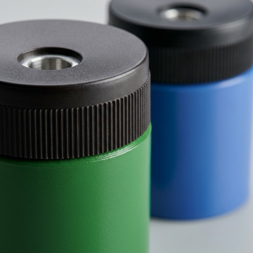 Close-up macro showing the fine ribbed texture of the Staedtler sharpener's black cap and the green aluminum finish.