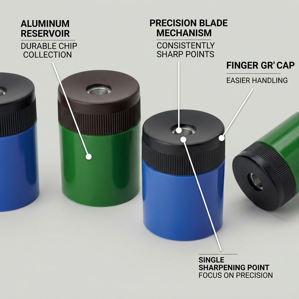 STAEDTLER 511-63-02 sharpener operational features: aluminum reservoir, precise point, finger grip cap.