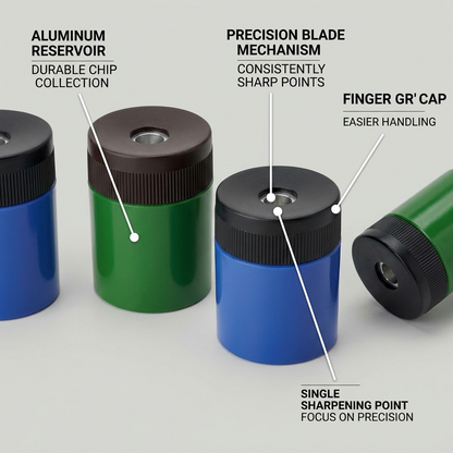 STAEDTLER 511-63-02 sharpener operational features: aluminum reservoir, precise point, finger grip cap.