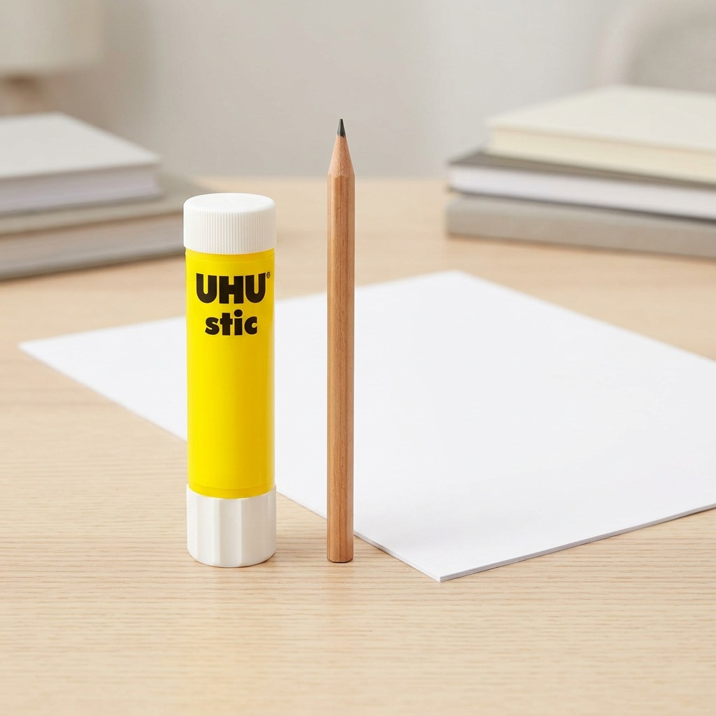 A scale-reference image showing a UHU Stic glue stick placed next to a common pencil and a sheet of A4 paper on a wooden desk to illustrate its size.