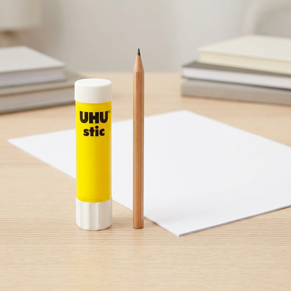 A scale-reference image showing a UHU Stic glue stick placed next to a common pencil and a sheet of A4 paper on a wooden desk to illustrate its size.