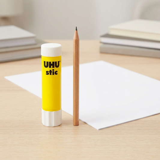 A scale-reference image showing a UHU Stic glue stick placed next to a common pencil and a sheet of A4 paper on a wooden desk to illustrate its size.