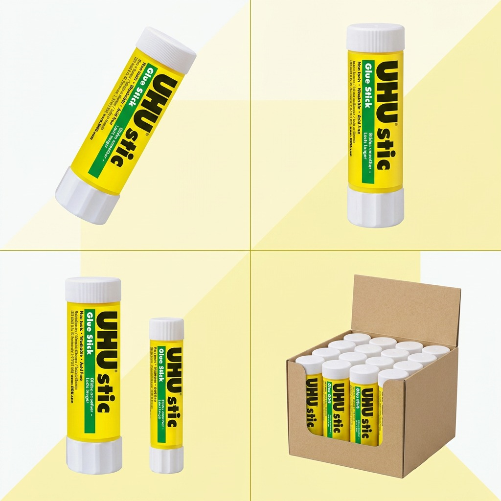 A grid displaying various sizes of the UHU stic glue stick.