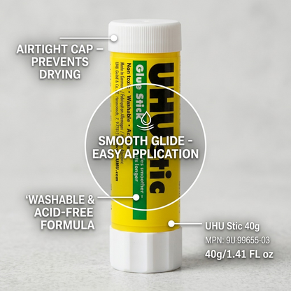 UHU Stic 40g technical infographic with smooth application, airtight cap, and formula features.