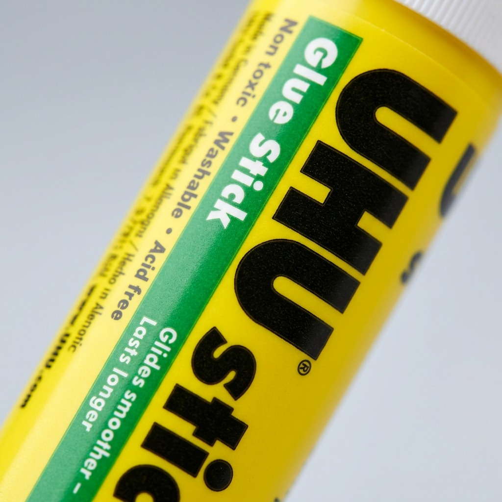 Macro photo focusing on crisp white text and black branding on the UHU stic glue stick label.