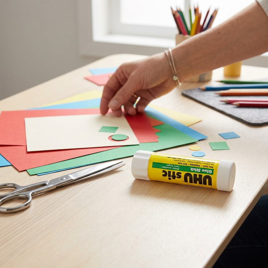 A UHU stic lies open on a wooden desk, with craft paper and scissors, showing its clear adhesive.