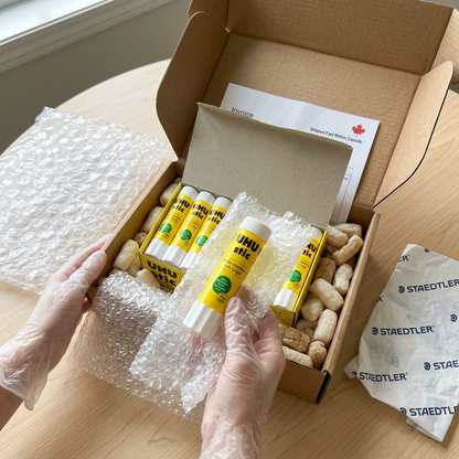 An unboxing scene shows a protected STAEDTLER UHU Stic Tray wrapped in bubble wrap for safe delivery to Canada.