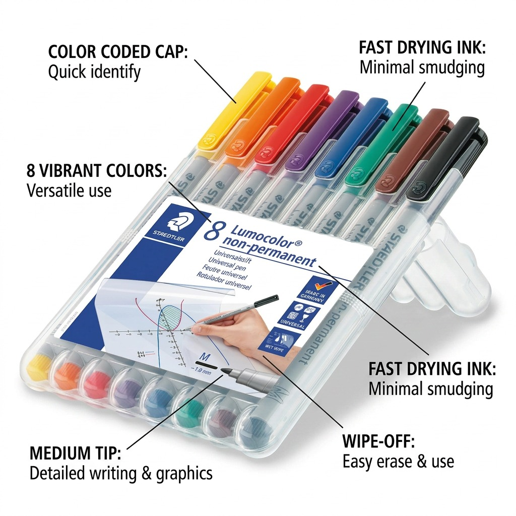 Ecommerce feature callout for STAEDTLER Lumocolor 315-WP8 universal pens, showing non-permanent, fast-drying, medium tip details.