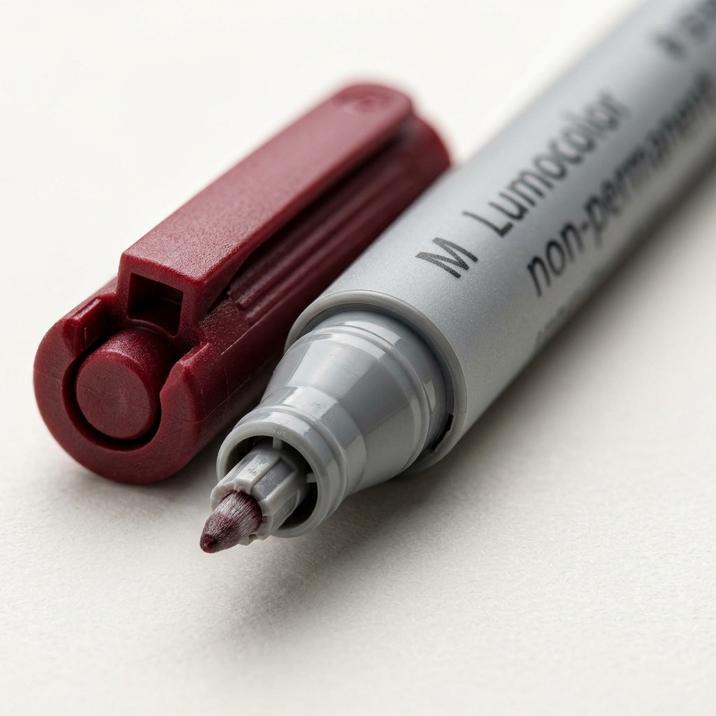 Extreme close-up of a STAEDTLER Lumocolor M marker, highlighting its textured clip, 'M' etching, non-permanent branding, and fiber tip precision.