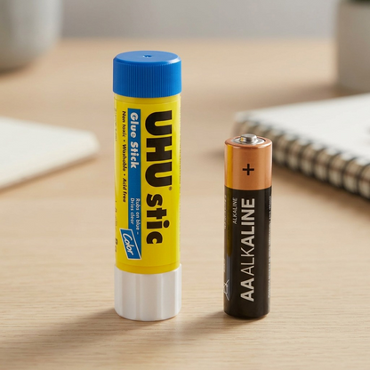 An image showing an 8g UHU Color Blue glue stick next to a standard AA battery for scale.