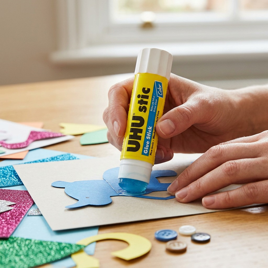 A close-up photograph of the UHU stic blue color glue stick being applied to a paper craft project with precise control.