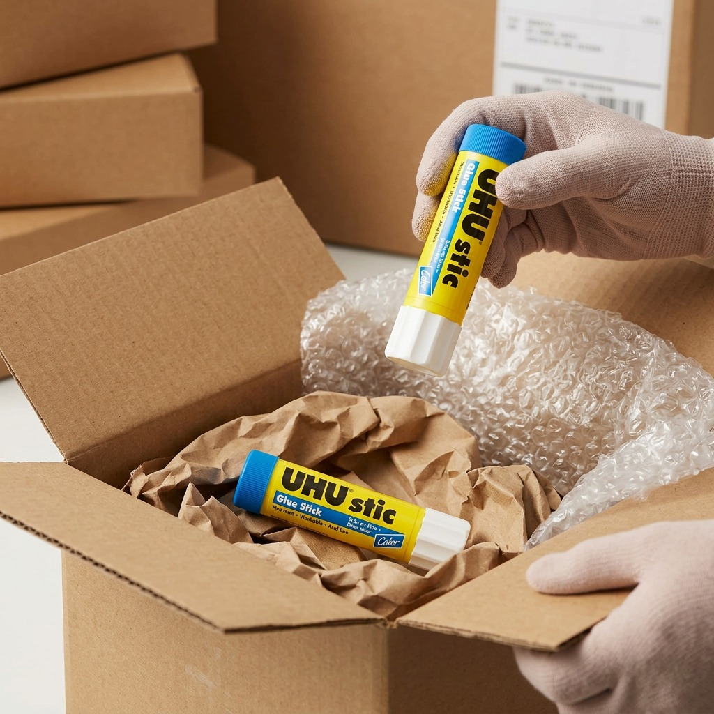 Unboxing a UHU Blue Glue Stick reveals it securely cushioned by paper mesh and bubble wrap inside a box.