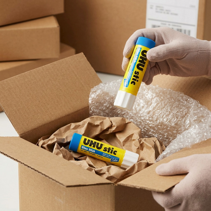 Unboxing a UHU Blue Glue Stick reveals it securely cushioned by paper mesh and bubble wrap inside a box.