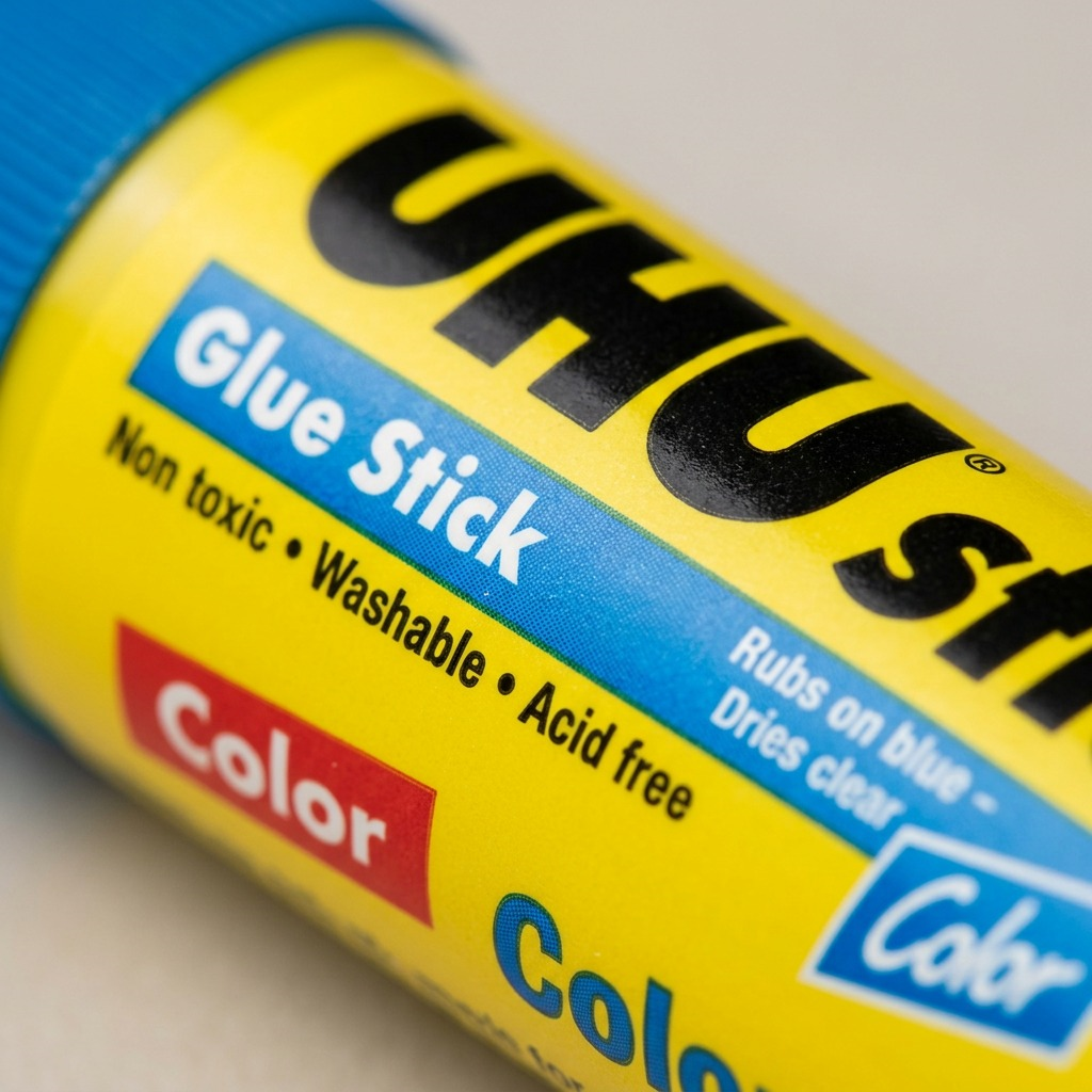 Macro detail of UHU stic label showing fine print of text blocks and blue cap texture.