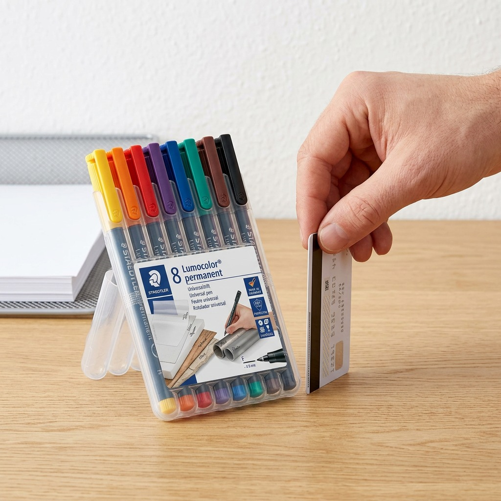 A high-angle photograph showing a hand next to the STAEDTLER permanent marker set.
