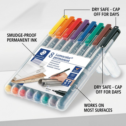 Infographic callout: STAEDTLER permanent markers, showing multi-surface, smudge-proof, and dry-safe features.