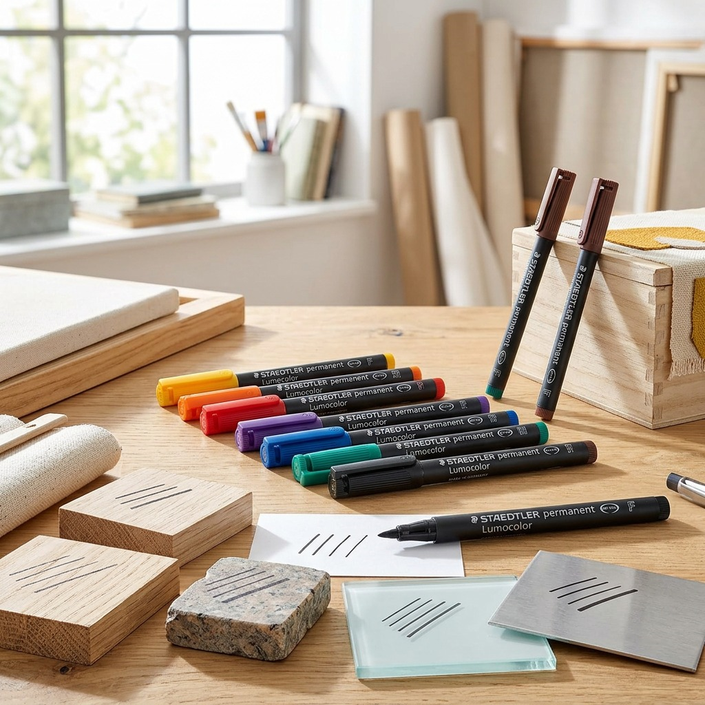 A close-up photograph of eight colorful Staedtler permanent markers arranged on a light wooden surface in an artistic studio. (119 characters)
