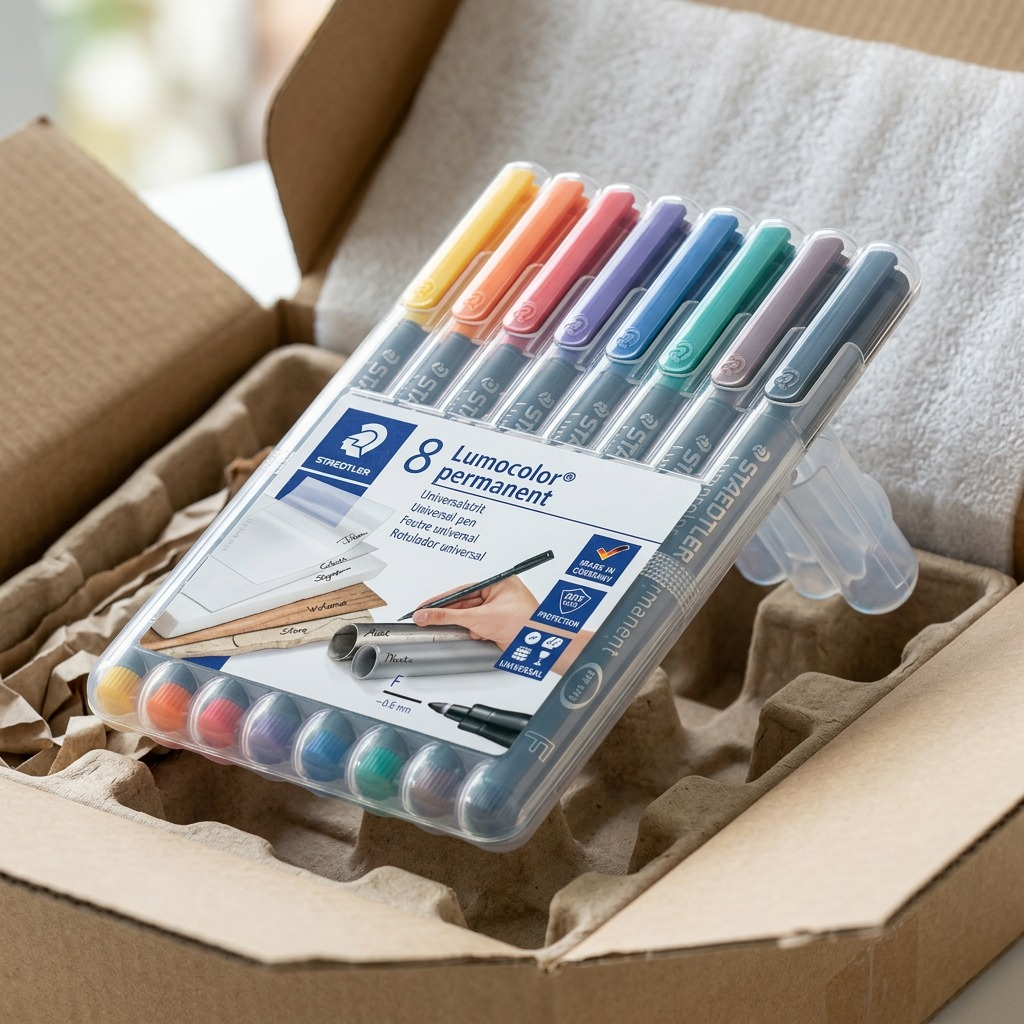 Premium studio shot of the STAEDTLER Lumocolor permanent markers set being safely unpacked.