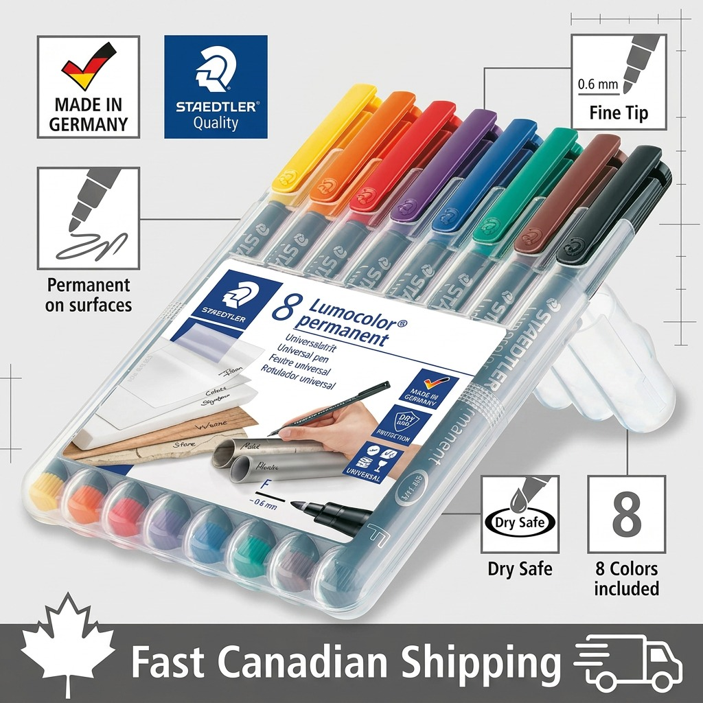 An infographic for the STAEDTLER Lumocolor 318-WP8 marker set with key factual product highlights and shipping information.