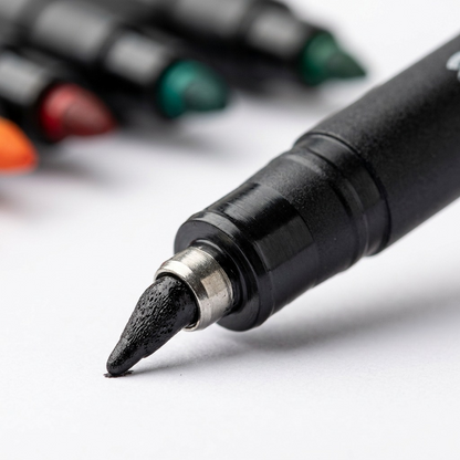 A close-up photograph focuses on the fine fiber nips of eight assorted Staedtler Lumocolor Permanent markers, showcasing the precise black nib surrounded by colored ink. The shot emphasizes their uniform metal collars and the texture of the plastic pen bodies.