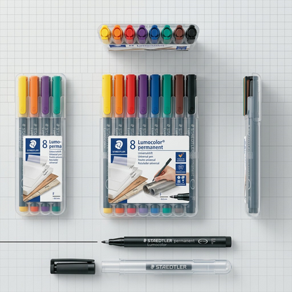 A premium visual matrix showing the STAEDTLER permanent market set from front, side, bottom, and end angles.