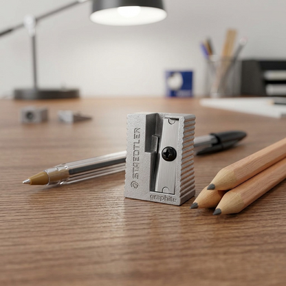 Metal STAEDTLER pencil sharpener next to pencils and pen for scale scene.