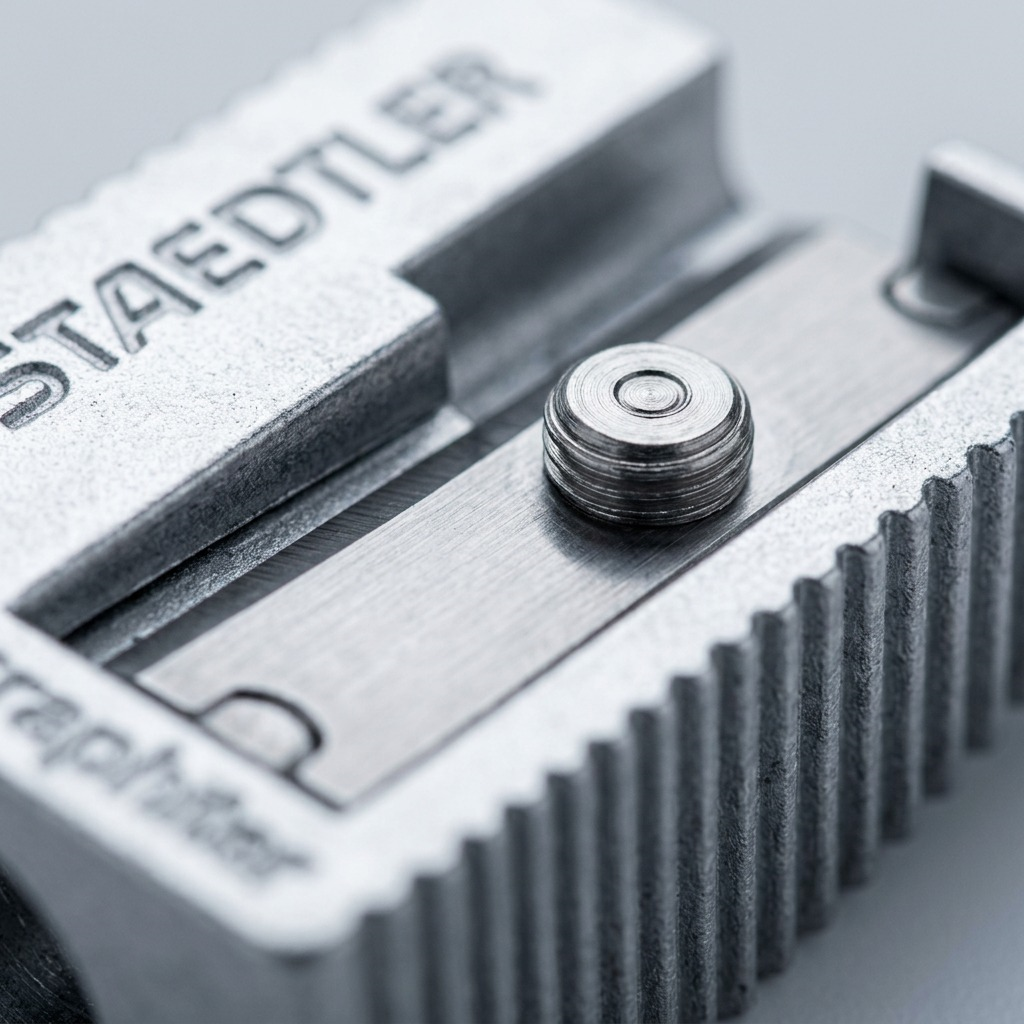 A macro view of the STAEDTLER metal sharpener blade and screw, showing fine machined textures.