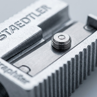 A macro view of the STAEDTLER metal sharpener blade and screw, showing fine machined textures.