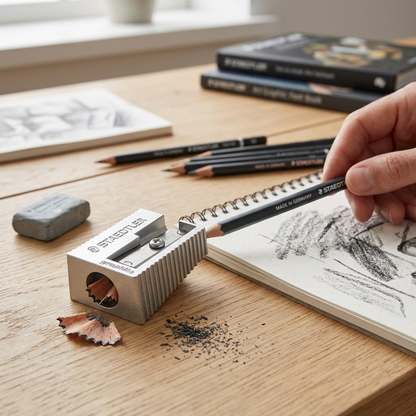 Lifestyle context photo of a silver metal STAEDTLER pencil sharpener, with a pencil inserted, on a wooden sketch desk.