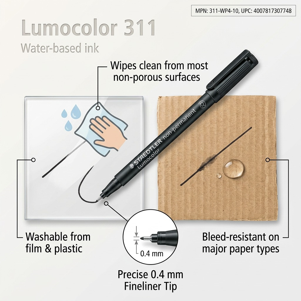 Feature graphic showing how ink washes off plastic and stays on cardboard, highlighting Lumocolor's non-permanent washability feature.
