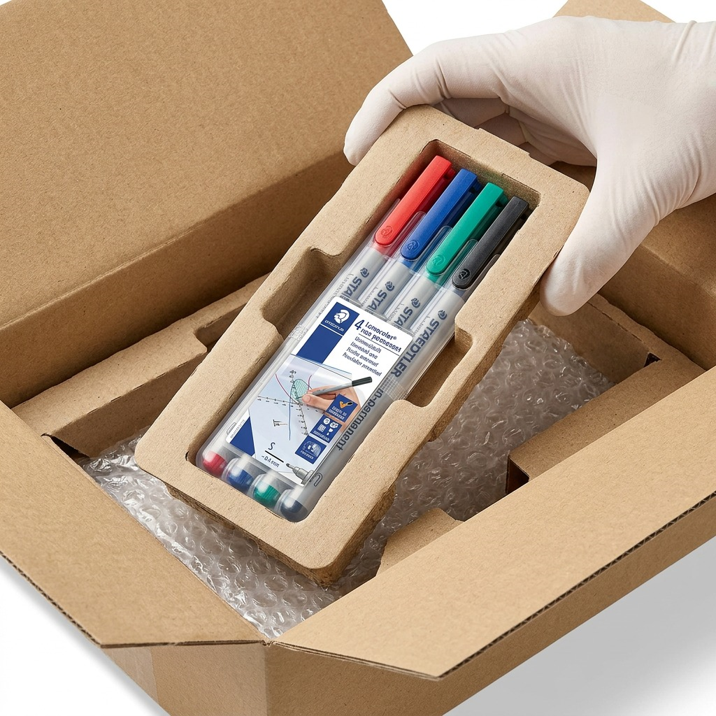 STAEDTLER Lumocolor non-permanent markers in protective cardboard packaging and shipping materials.