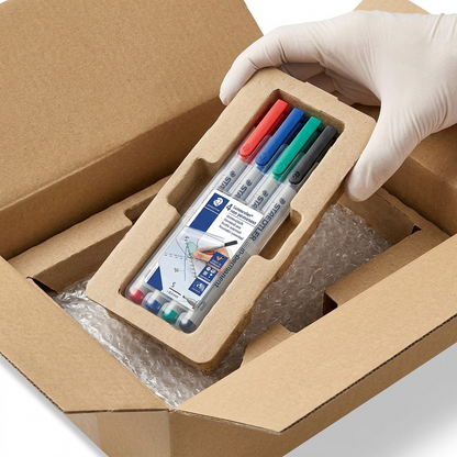 STAEDTLER Lumocolor non-permanent markers in protective cardboard packaging and shipping materials.